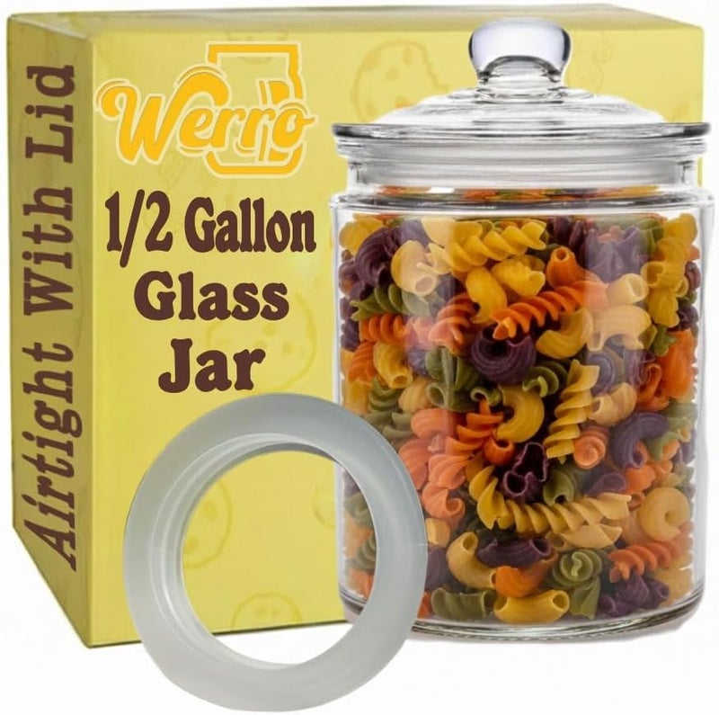WERRO 1/2 Gallon Glass Jar Airtight With Lid - Extra Gasket - Glass Canisters With Lids, Wide Mouth, 64 oz Glass Cookie jar, Candy Jar, Dog Treats, Sugar, Food, Kitchen Storage and Laundry Room - Image 1